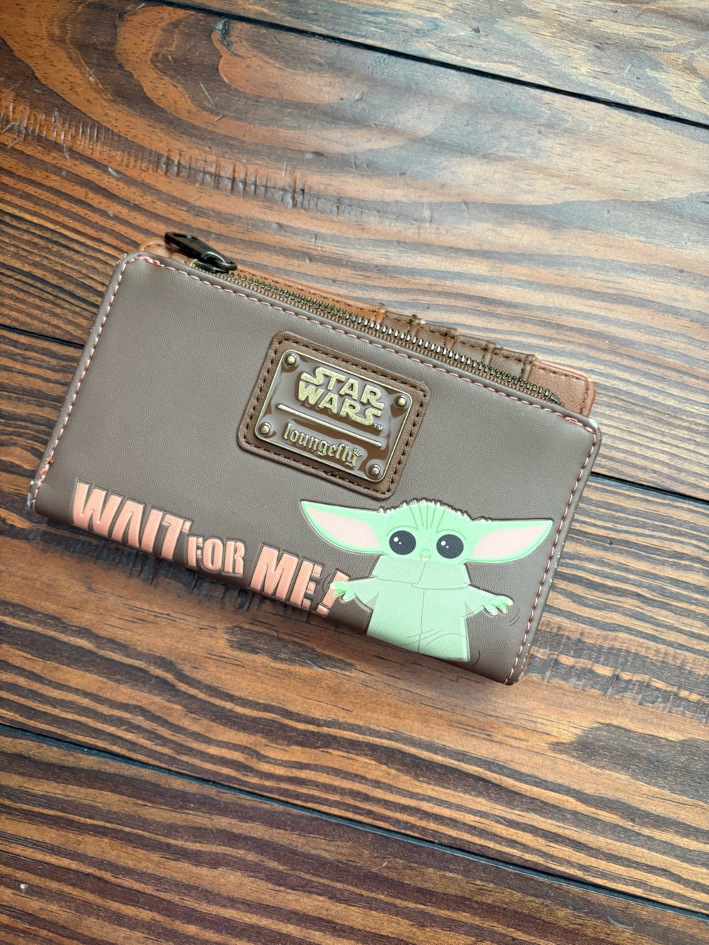 Loungefly Brown Grogu Zip-Around Wallet with Pink Accent Text